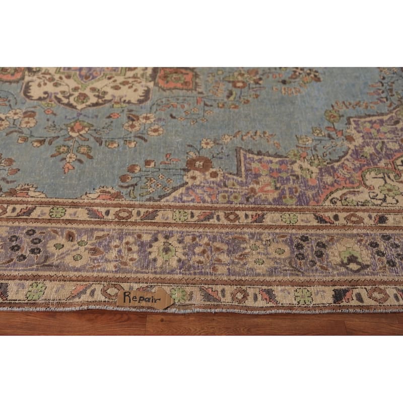 Light Blue Medallion Tabriz Persian Rug Floral Handmade Wool Carpet - 9'10"x 12'4"