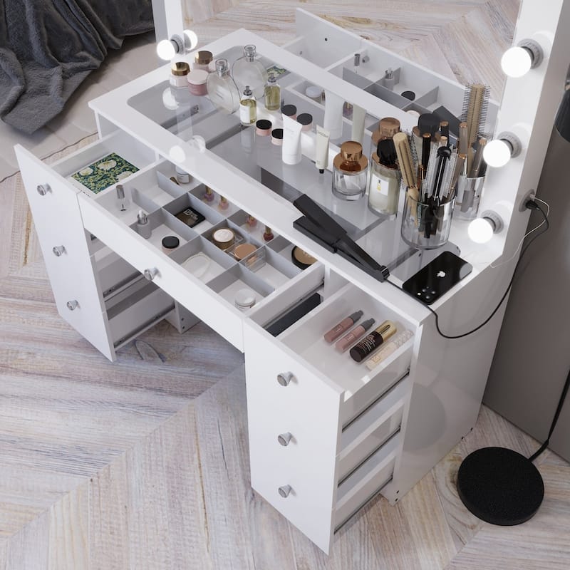 Boahaus Vanity Desk Glass Top with 7 Drawers & Lights Crystal knobs