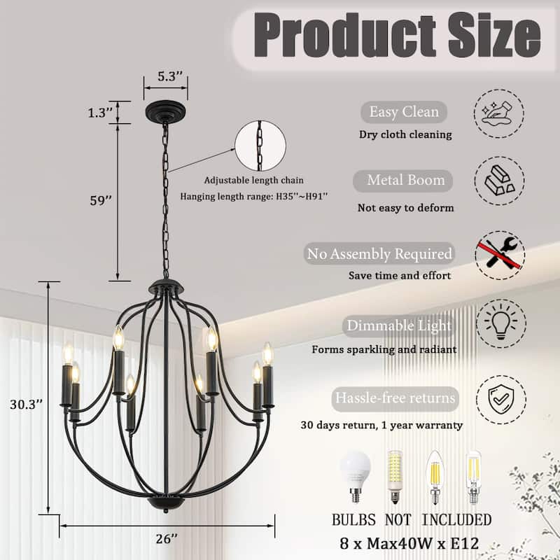 26'' 8-Light Modern Matt Black Classic Candelabra Chandelier Farmhouse Candle Pendant Light For Living Room Dining Room - W26''