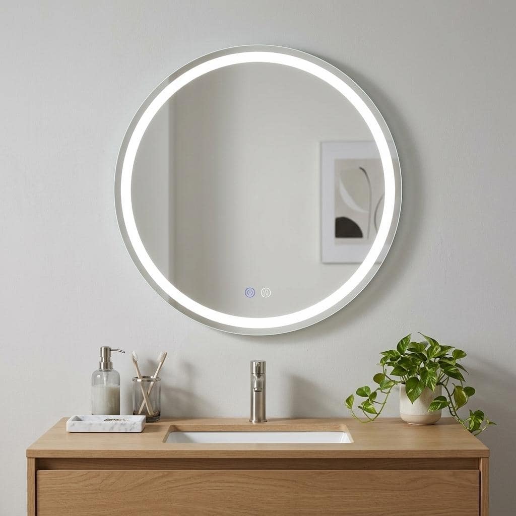 HomeRoots 35" Round Lighted Frameless Anti Fog Bathroom Vanity Mirror - 35.43 in. x 35.43 in. x 1.57 in.