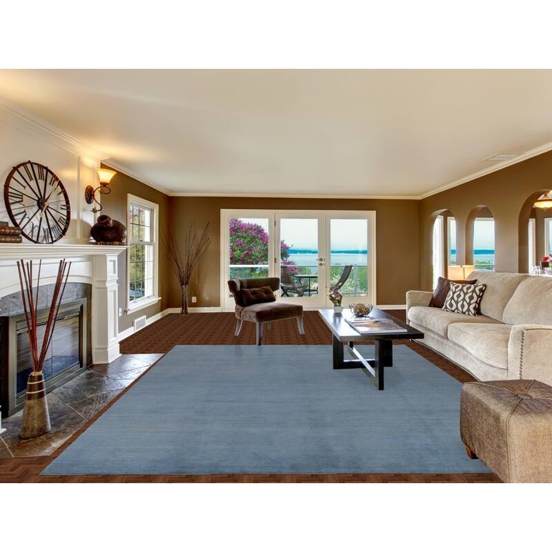 Hand Knotted Oriental 100% Wool Carpet Modern Solid Navy Blue & Blues Gabbeh Area Rug - 11' 7'' X 9' 0''