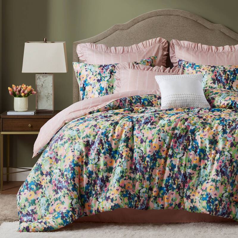 Romantic King 8PC Floral Comforter Set Cotton Reversible with Bed Skirt & Decorative Pillows