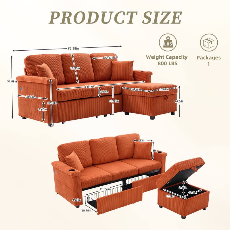 HOMEFUN Corduroy Upholstered L-shaped Pull-Out Storage Sectional Sofa with Storage Ottoman,USB Charging,Cup Holder