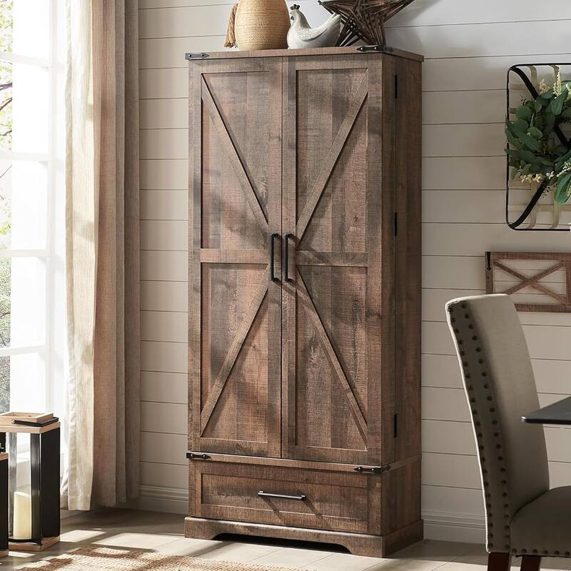 72" Farmhouse Kitchen Pantry Cabinet, Tall Storage Cabinet, Cupboard - Rustic Brown
