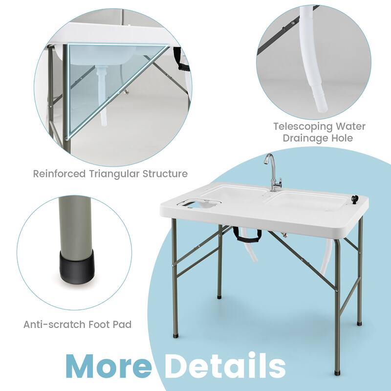 Gymax Folding Fish Cleaning Table w 2 Built-in Sinks Rotatable Faucet