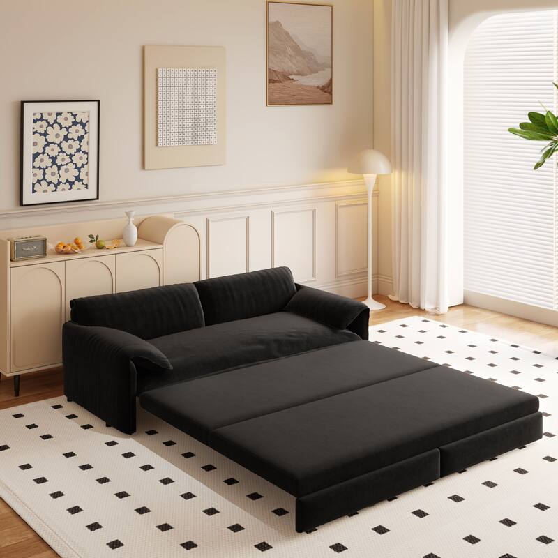 66" Queen Pull Out Sofa Bed, 3-in-1 Convertible Sleeper Sofa with Side Storage,Multi-Functional Velvet Loveseat Bed