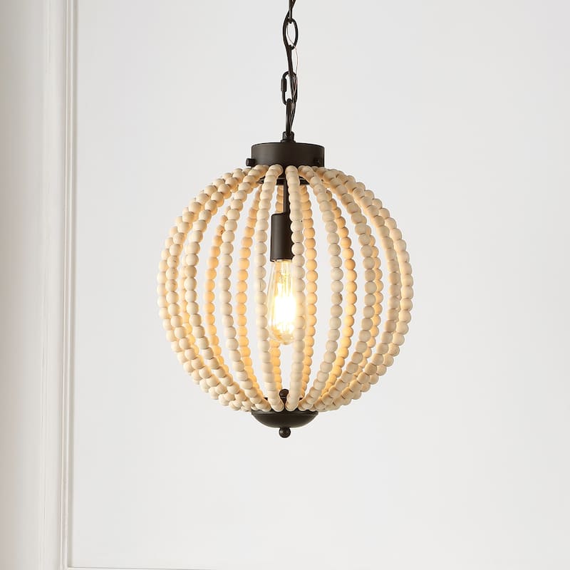 Alba 12.5" 1-Light Rustic Bohemian Iron/Wood Bead LED Pendant, Oil Rubbed Bronze/Brown by JONATHAN Y