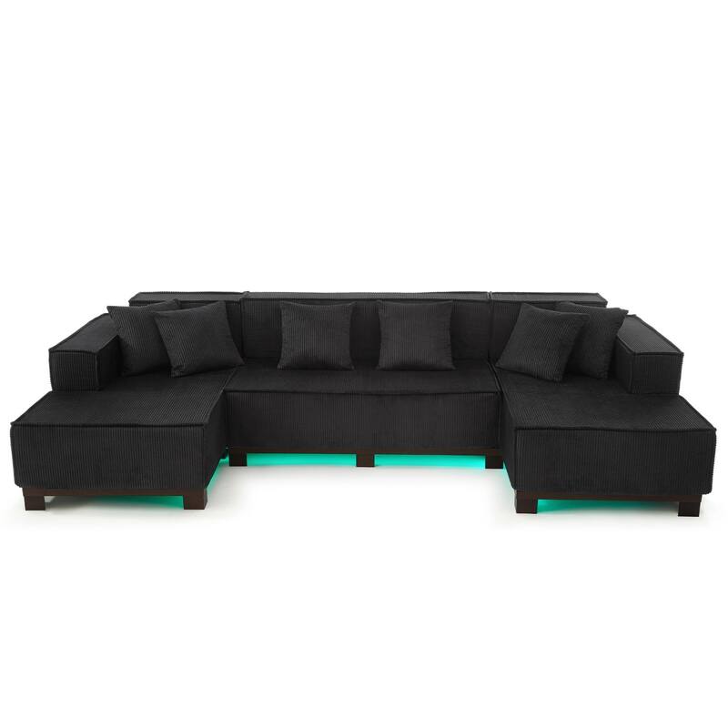 130" U-Shaped Upholstered Sectional Sofa with RGB LED Light Strip and 6 Pillows