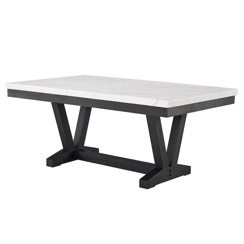 Vinz Dining Table, 72 Inch White Faux Marble Top, Black Trestle Base