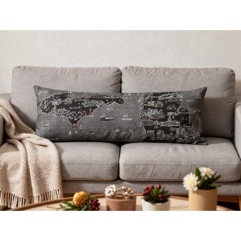 HomeRoots 14" X 46" Dark Gray And White Michigan Nighttime Skyline Lumbar Decorative Pillow
