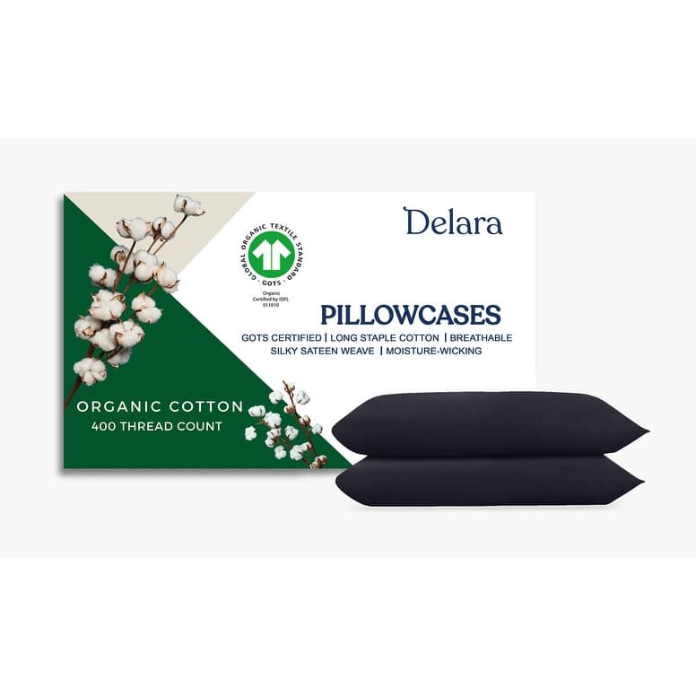 Delara GOTS Certified 100% Organic Cotton Pillowcase Pack of 2, 400 TC Long Staple Cotton, Moisture-Wicking, Smooth & Breathable - King (21"X36") - Dark Grey