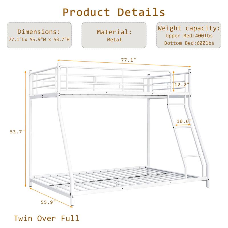 Bunk Bed Frame with Ladder and Guardrail, White Black Optional