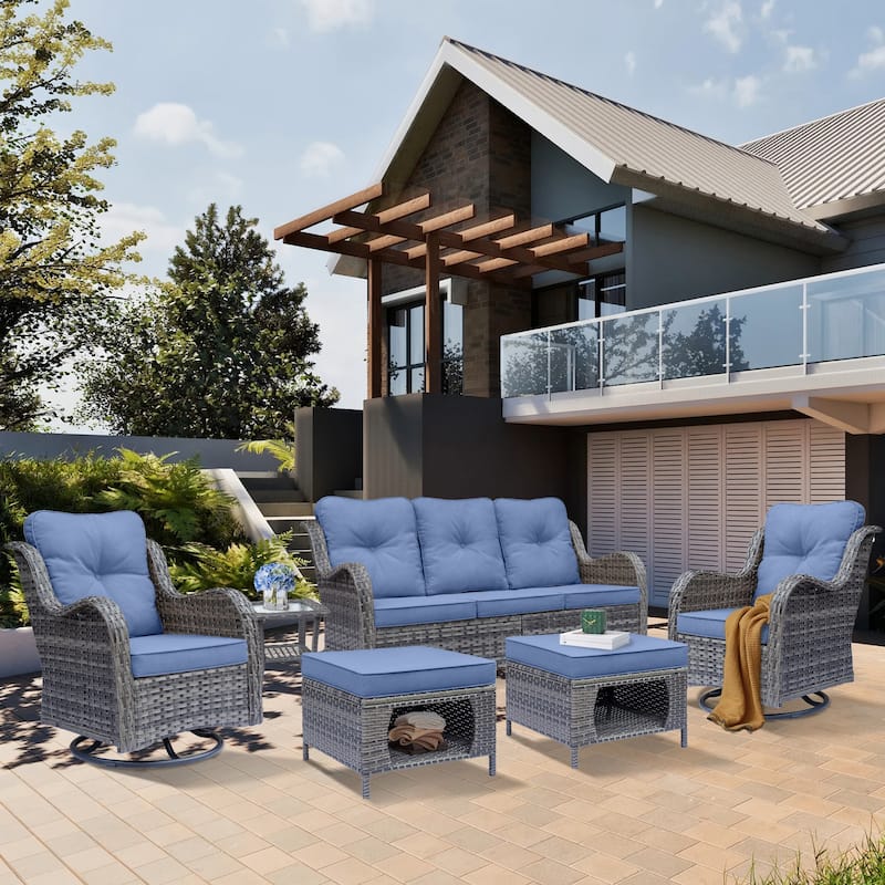 High Back Rattan Wicker Outdoor Patio Conversation Swivel chairs Sets - 6 Piece - Denim Blue/Gray Wicker