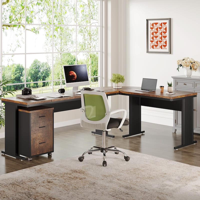 83" L-Shaped Executive Desk, Large L Office Desk with 3-Drawer Mobile File Cabinet, Business Furniture Desk Workstation