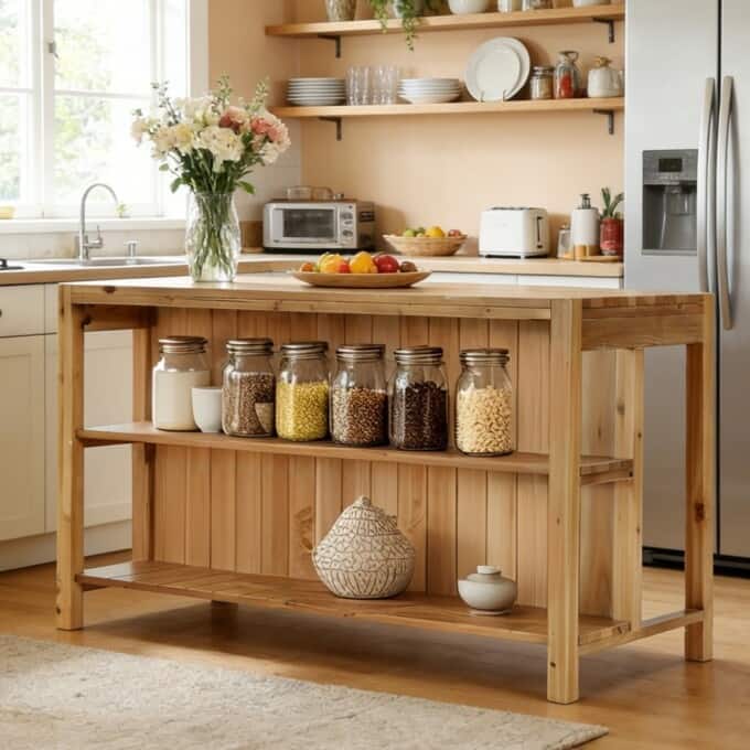 59.05" Solid Wood Farmhouse Kitchen Island with Open Storage Shelves - Brown