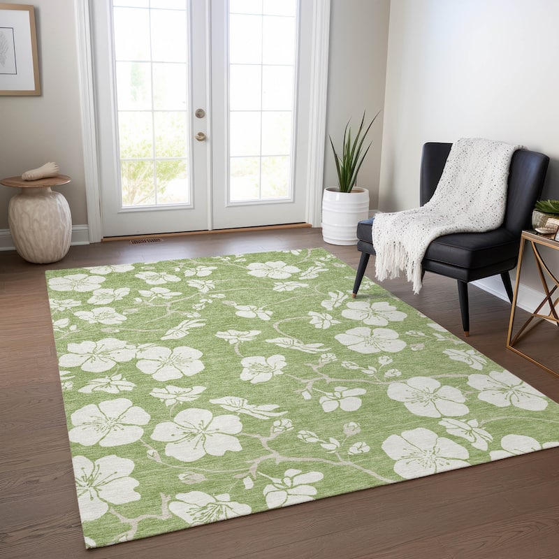 Machine Washable Indoor/ Outdoor Calm Floral Chantille Rug - Aloe - 3' x 5'