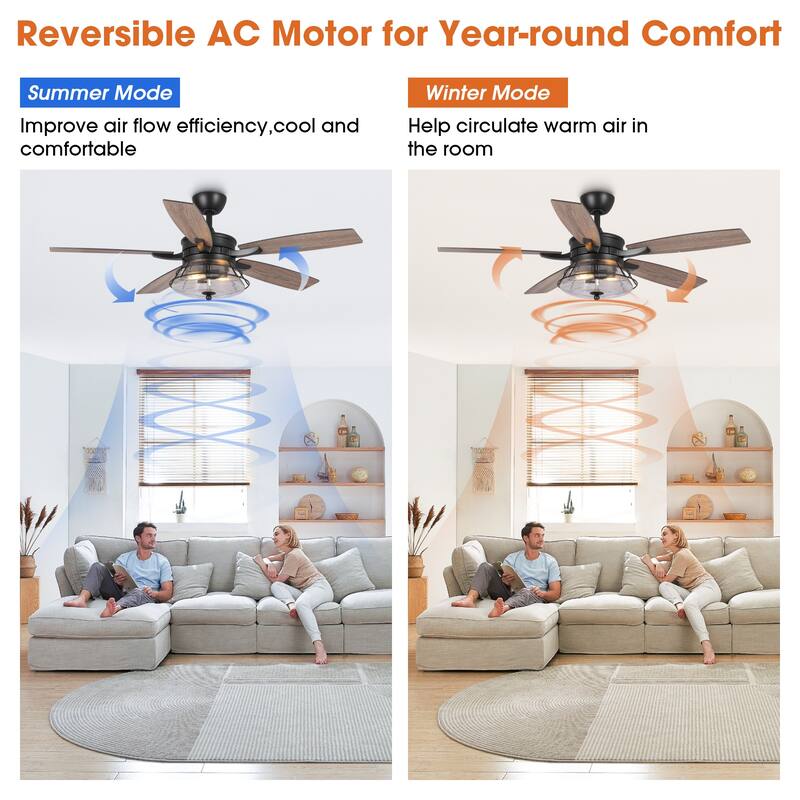 52" Industrial Seeded Glass Black Decorative Ceiling Fan with Remote and Light Kit