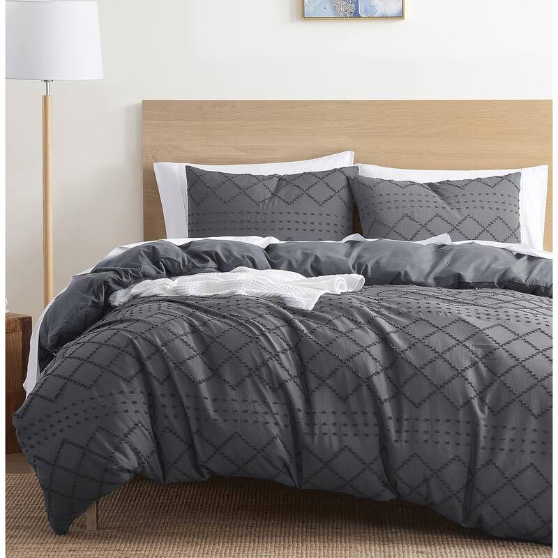 Empyrean Bedding Tufted Duvet Cover Set with Quilted Down Alternative Comforter Insert - Grey - Diamond - Queen