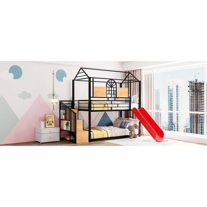 Metal Housebed Bunk Bed with Slide & Storage Stair