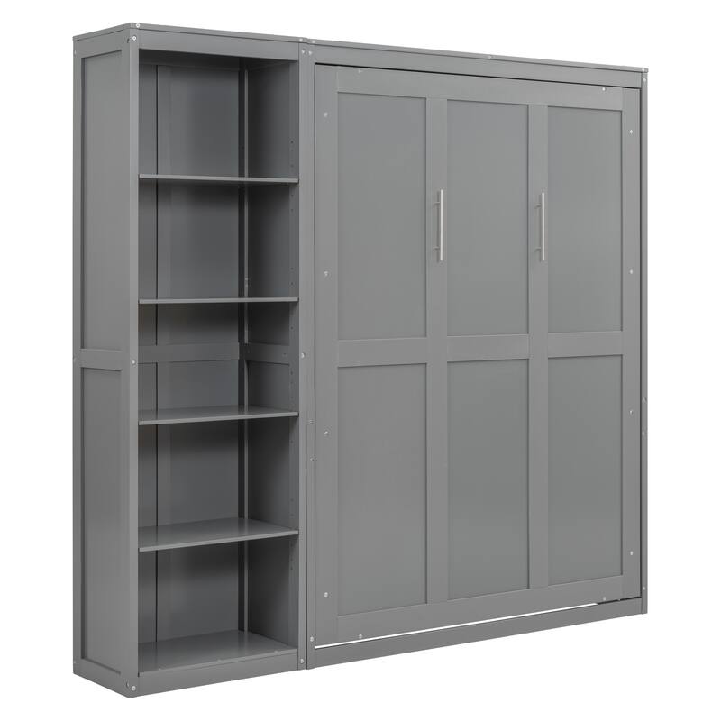 Full Size Murphy Bed Wall Bed with Storage Shelves, Space-Saving Foldable Platform Bed Frame with Slatted Base for Small Rooms