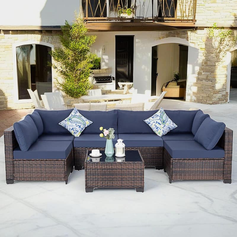 7-Piece Wicker Patio Conversation Set with Cushions,6 Sofas, 1 Table
