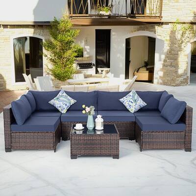 7-Piece Wicker Patio Conversation Set with Cushions,6 Sofas, 1 Table