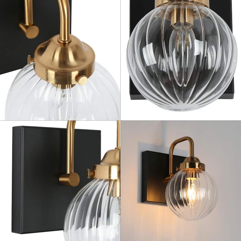 Modern 2-Light Black Gold Bathroom Vanity Light Ribbed Glass Wall Sconce