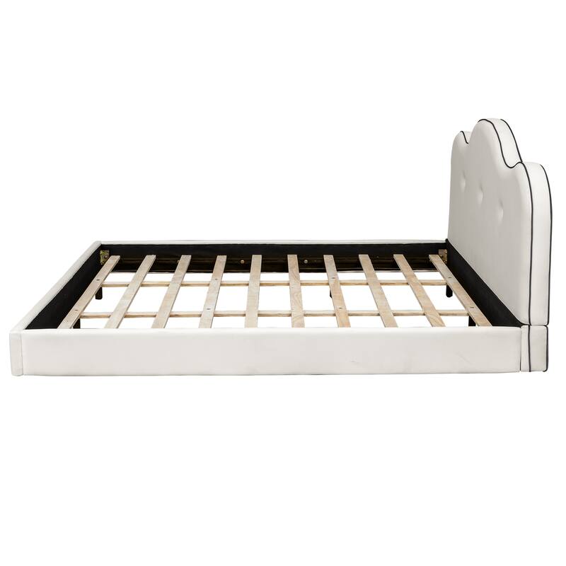 Beige Grounded Platform Bed Frame with Fabric Upholstered Headboard and Wooden Slats Support/No Box Spring Needed/Easy Assembly