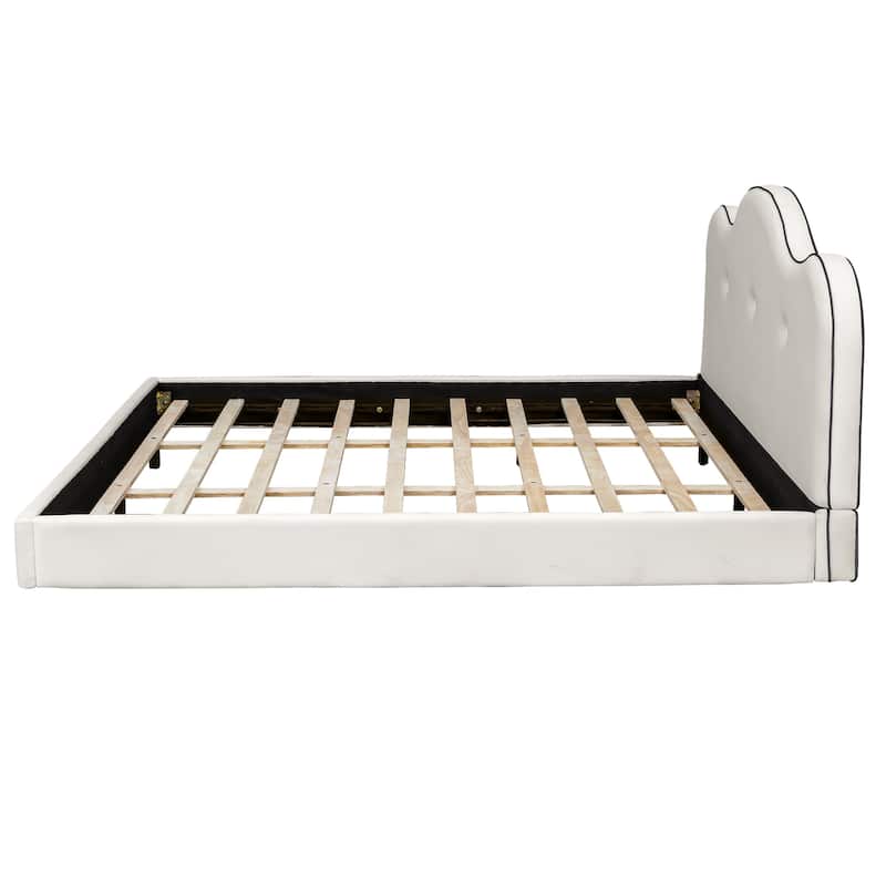 Modern Beige Upholstered Platform Bed with Curved Padded Headboard and Wood Slat Support, No Box Spring Needed