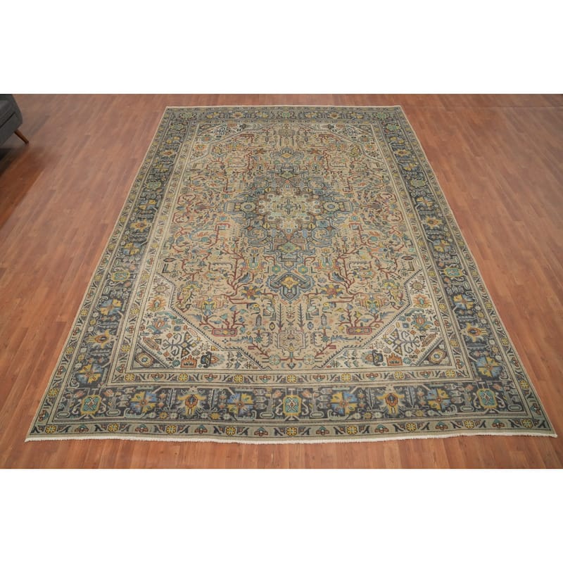 Hand Knotted Oriental 100% Wool Carpet Traditional Floral Beige & Ivories Tabriz Area Rug - 12' 8'' X 9' 5''