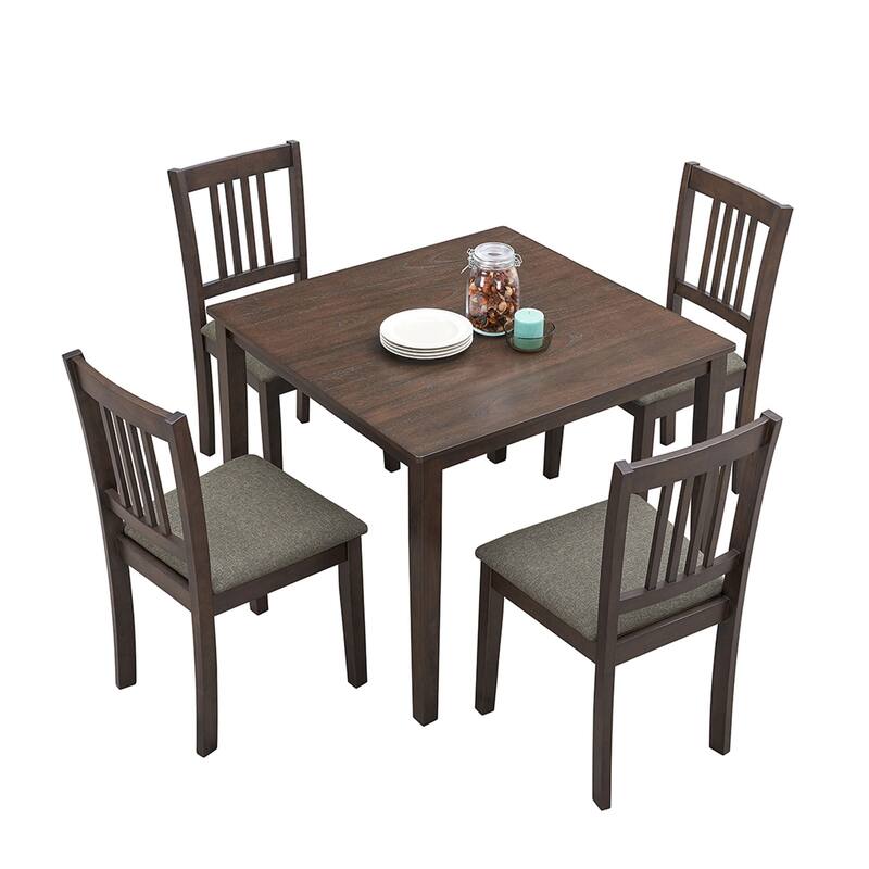 Modern 5-Piece Dining Set with Square Table & 4 Slat Back Upholstered Chairs - Dark Brown