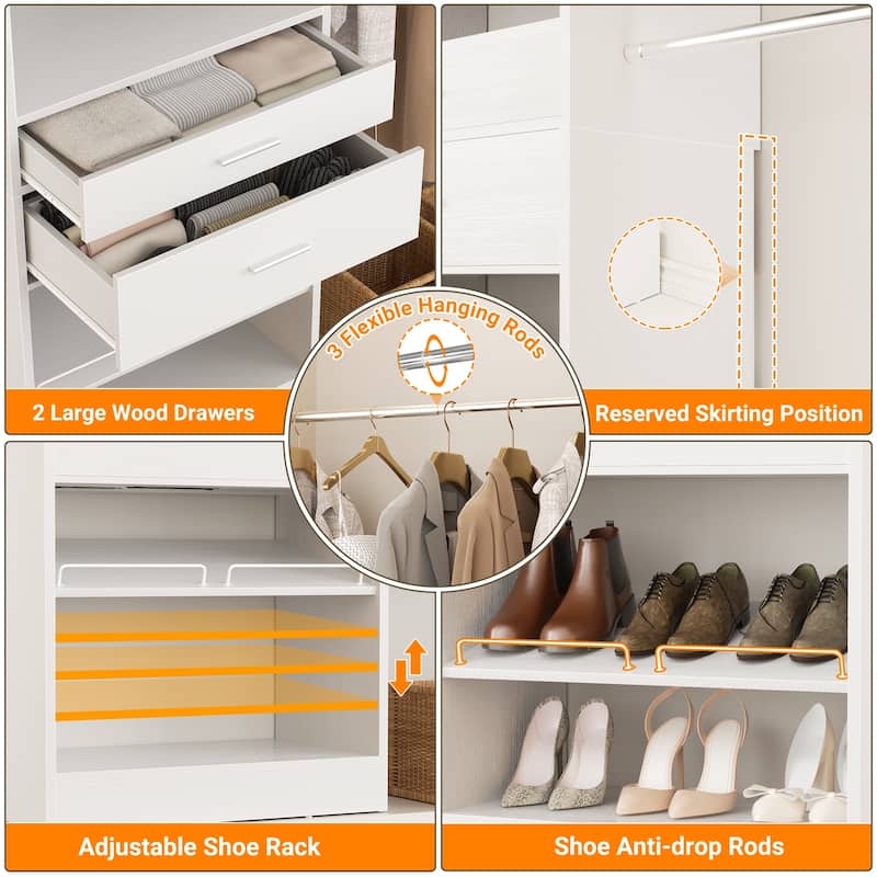 69-96" W Adjustable Closet System with 2 Wooden Drawers and 2 Hanging Rods,Closet Organizer with Shoe Rack for Walk-in/Reach-in