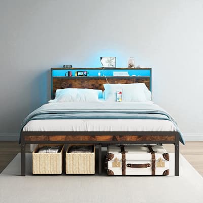 Full Size Metal Bed Frame with Headboard, Footboard, LED Lights, Steel Slat Support, and Under-Bed Storage