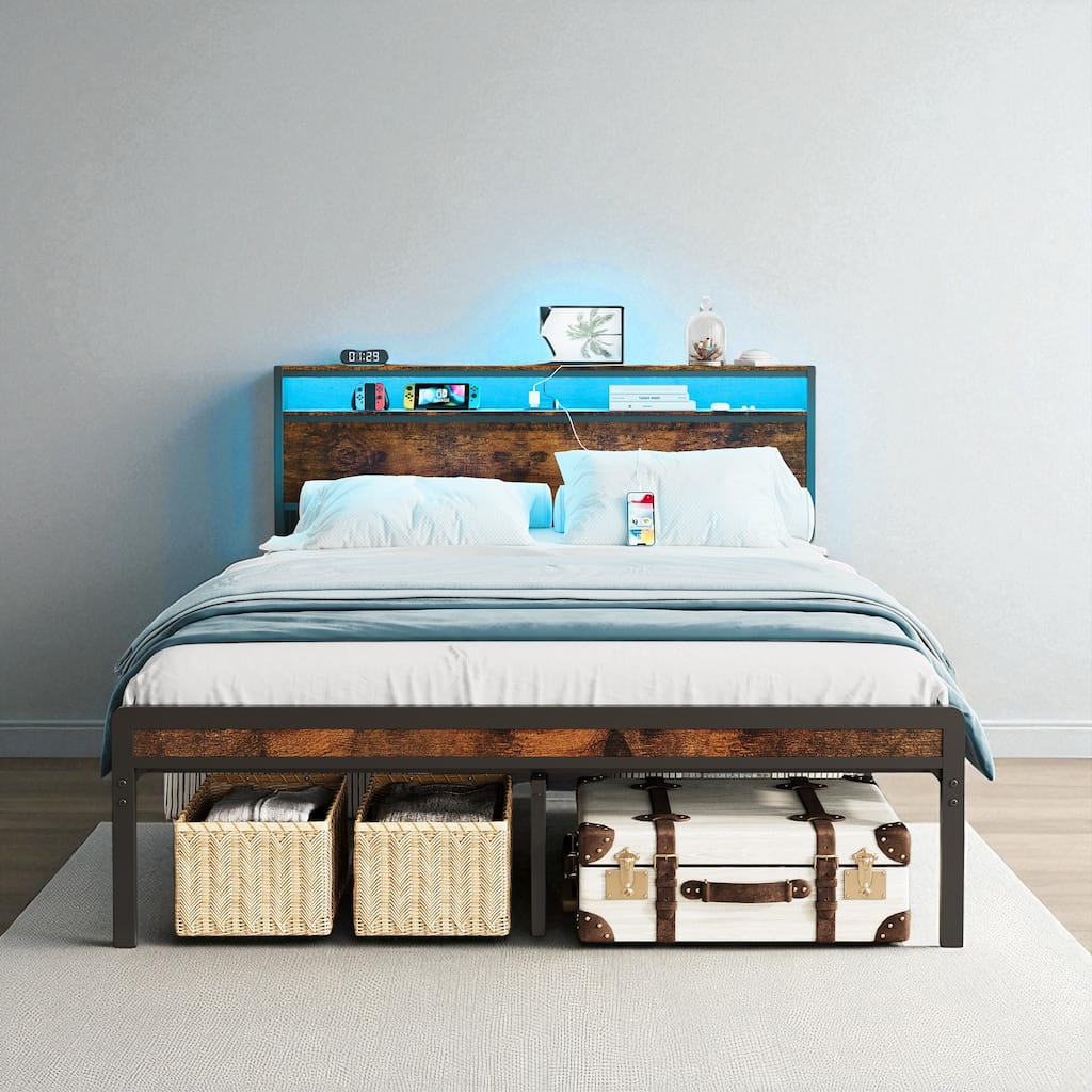 Full Size Metal Bed Frame with Headboard, Footboard, LED Lights, Steel Slat Support, and Under-Bed Storage