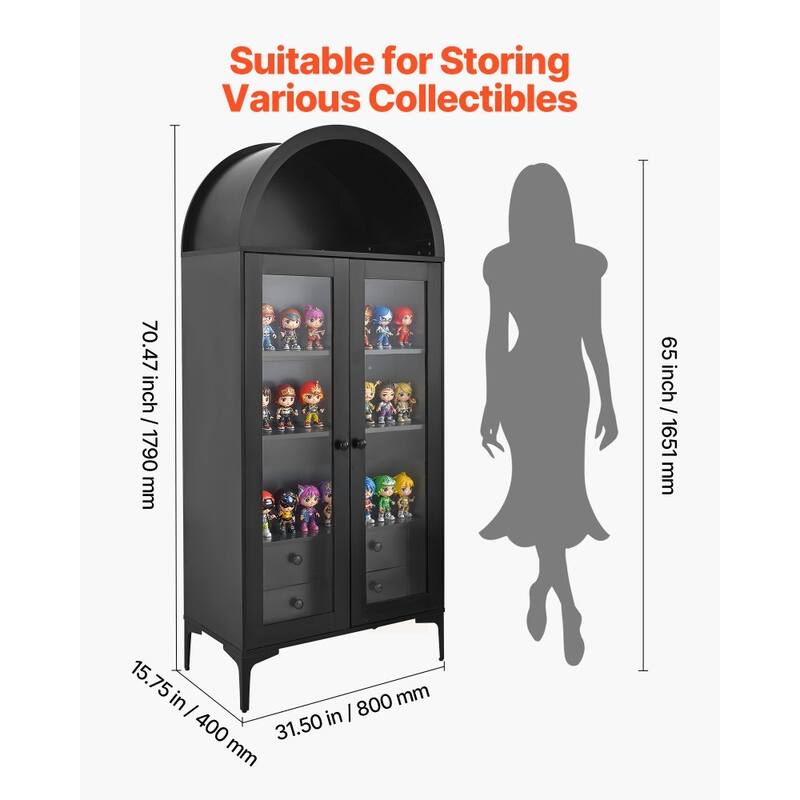Black Tall MDF Display Cabinet with Adjustable Storage Shelves and Glass Doors for Living Room - 31.50” × 15.75” × 70.47”