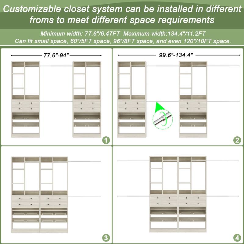 Set of 2 Closet System with 6 Hanging Rods and 4 Drawers, Adjustable Closet System with Shelves and Shoe Rack