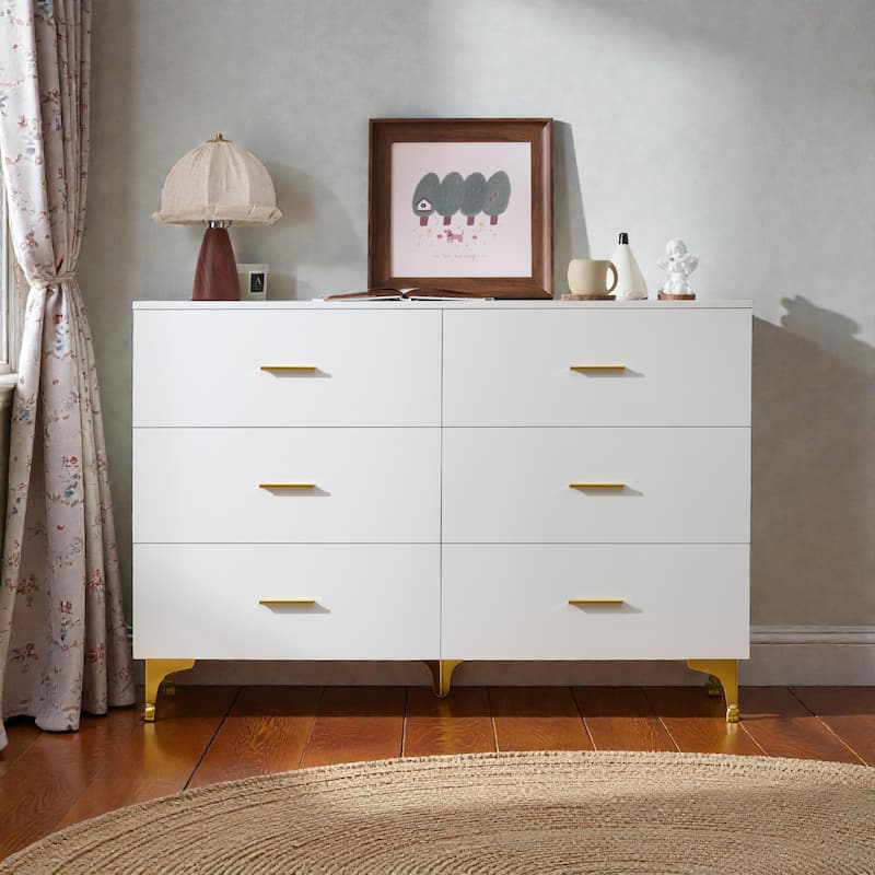 White Modern 6-Drawer Dresser with Gold Handles and Triangle Legs, Minimalist Storage Cabinet for Bedroom or Living Room