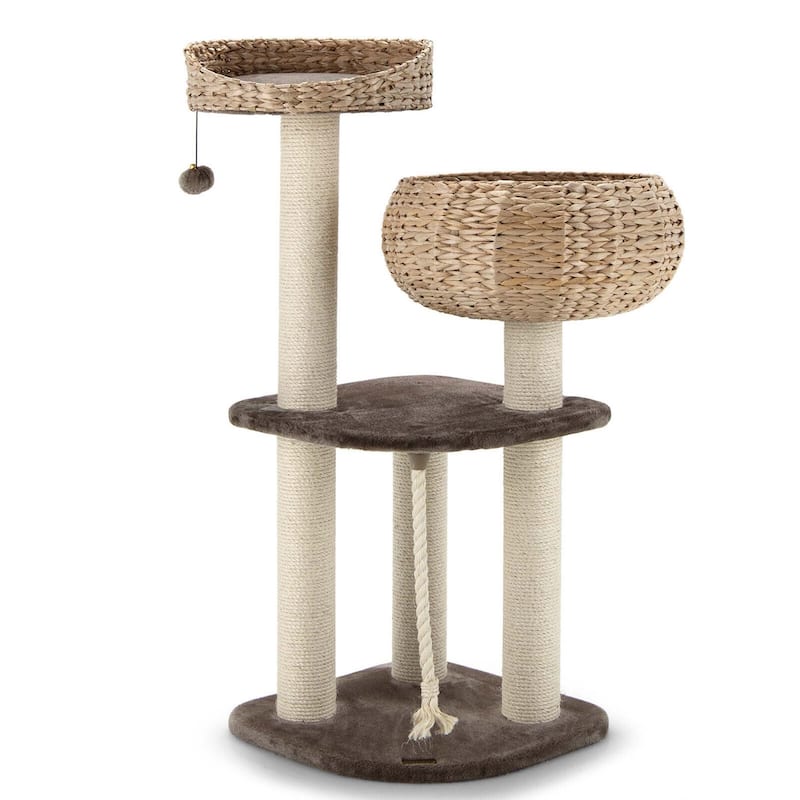 41'' Hand-Made Cat Tree Tower Natural Bowl Shaped w/ 2 Perch - Beige, Coffee