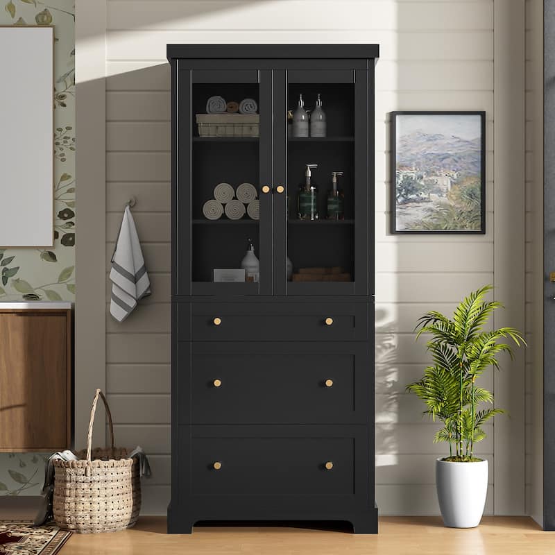 70.1" Modern Bathroom Cabinet with 3 Drawers & Glass Doors - Tall Storage with 2 Adjustable Shelves and Soft Close Mechanism - Black