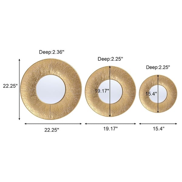 dimension image slide 0 of 2, 3-Piece Gold Metal Round Wall Mirror Set - 22.25" Diameter x 2.36" D