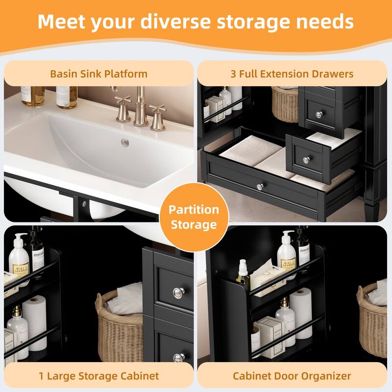 30" Bathroom Vanity with Ceramic Sink - Solid Wood Frame with 3 Drawers, Modern Bathroom Storage Cabinet