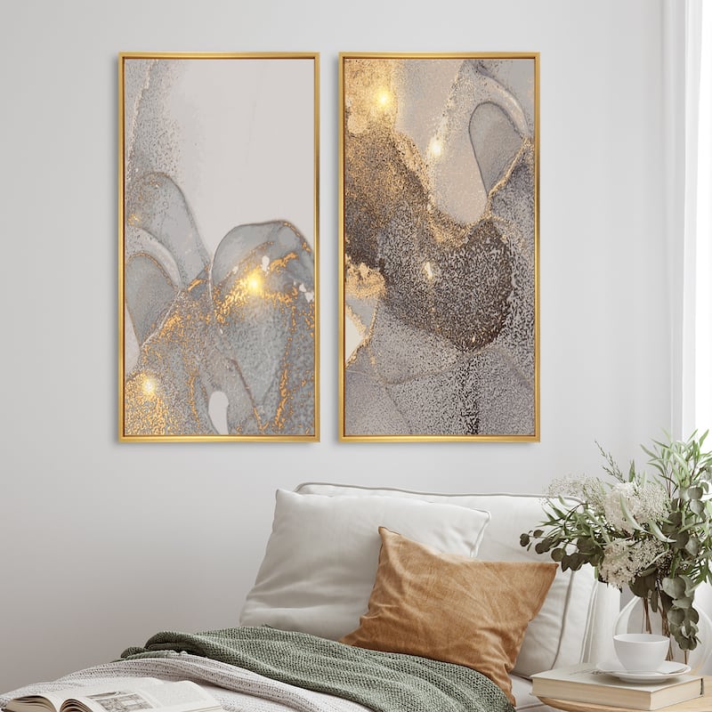 Designart "Grey & Gold Marble Liquid Art I" Abstract Framed Art Set of 2 Pieces