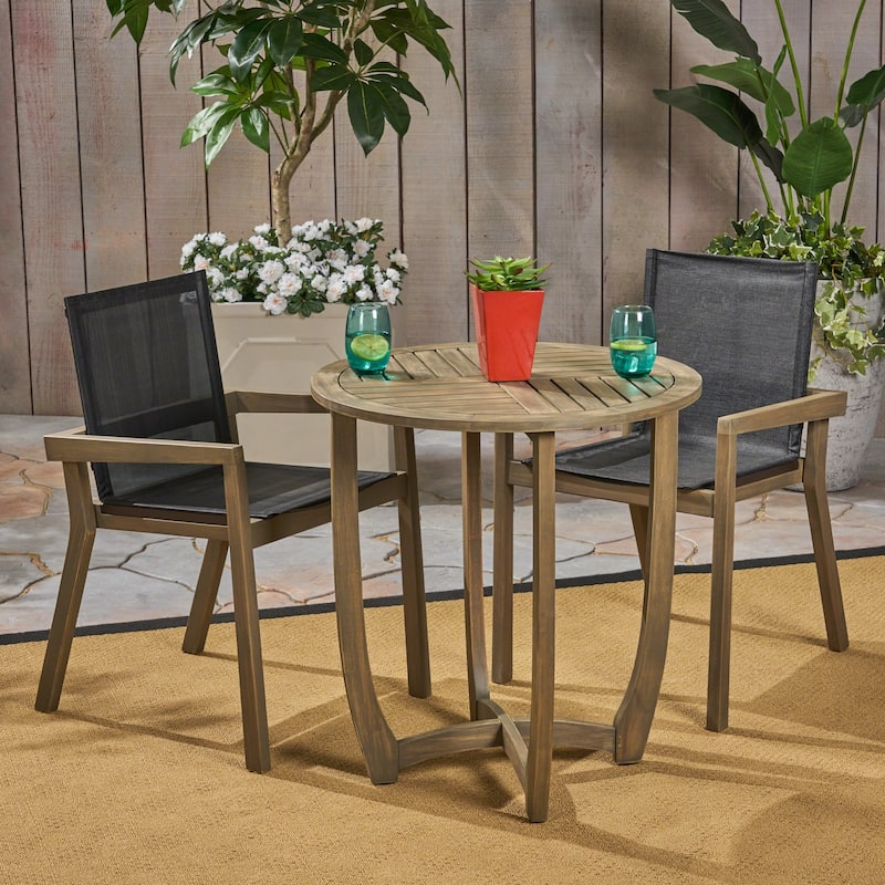 Marcello Outdoor Acacia Wood 3 Piece Dining Set with Mesh Seats by Christopher Knight Home - gray + black