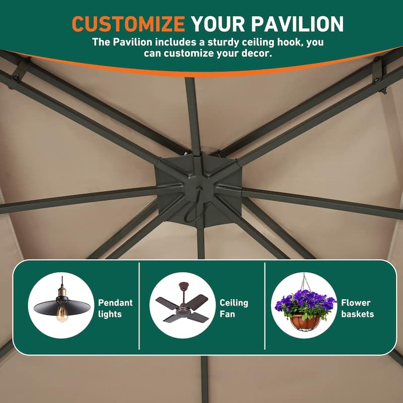 Patio Gazebo 11'x13' with LED Lights & Bluetooth Speaker, Soft-top Gazebo with Netting and Curtains for Backyard
