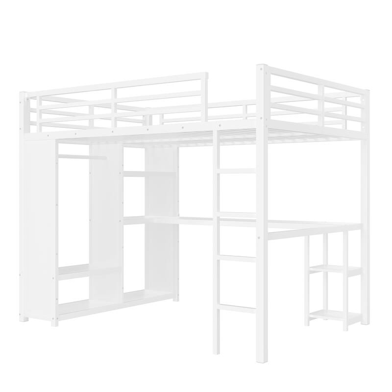 Modern Queen Size Metal Loft Bed with Built-in Wardrobe, Desk and Open Shelves, Storage Bed Frame with Guardrails and Stairs