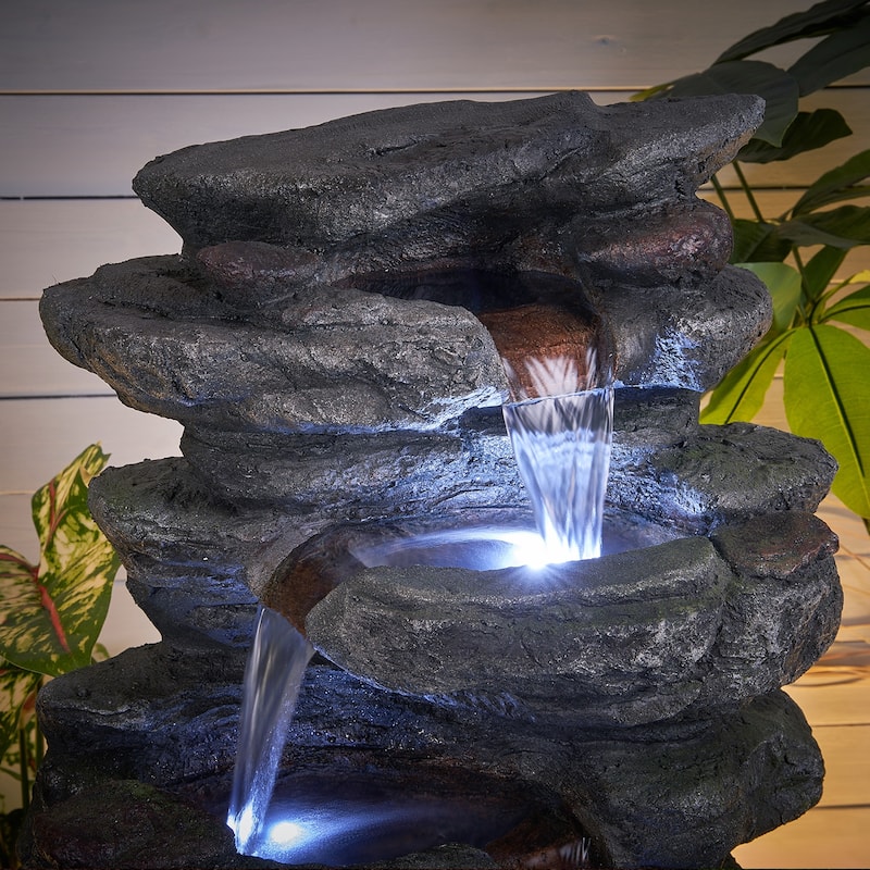 Outdoor Freestanding Fountains Rock Waterfall Fountain w/LED Lights