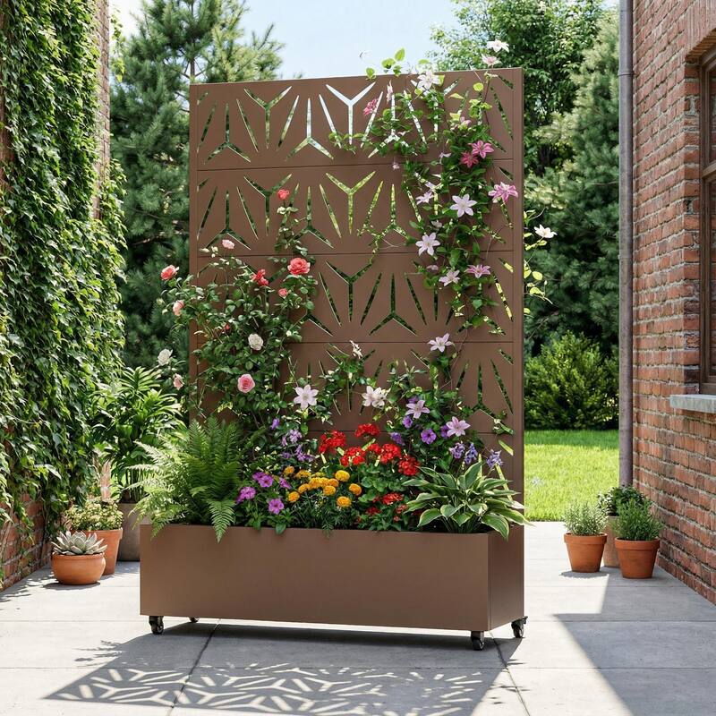 Metal Galvanized Planter Box with Trellis Privacy Screen Lockable Wheels