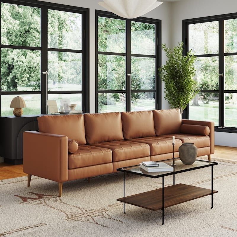 Breeze Mid Century Modern Sofa, Leather Couch with Tufted Cushion and Solid Wood Frame