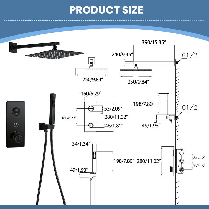 9.84" Digital Display Thermostatic Complete Shower System with Rough in-Valve, Rain Shower Head