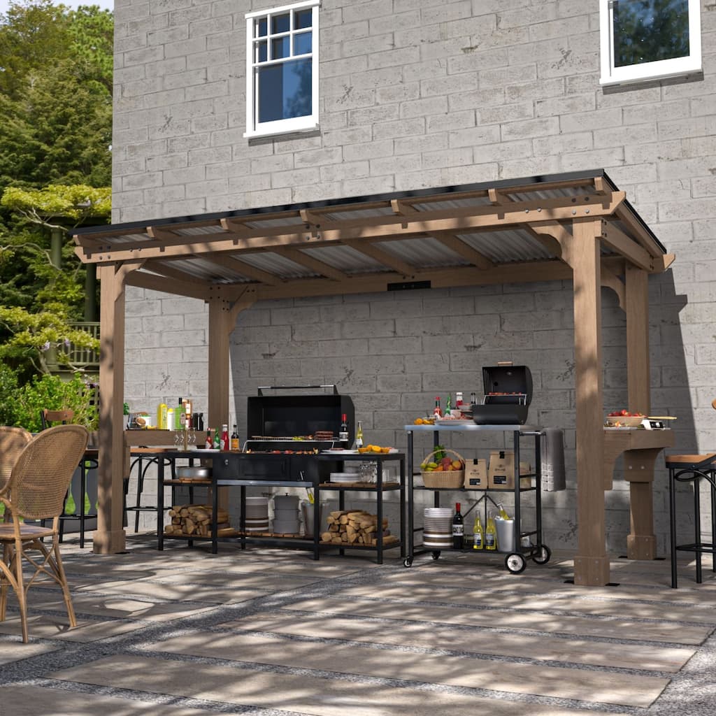 VEIKOUS Wood BBQ Grill Gazebo with Steel Roof for Patio Garden Backyard and Lawn